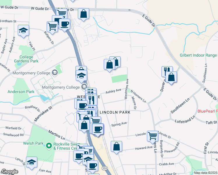 map of restaurants, bars, coffee shops, grocery stores, and more near 1000 Westmore Avenue in Rockville
