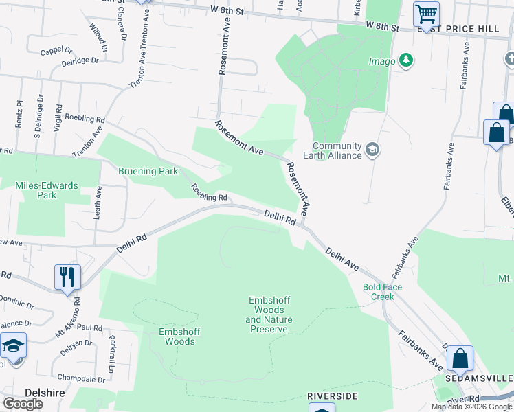 map of restaurants, bars, coffee shops, grocery stores, and more near 3950 Delhi Pike in Cincinnati