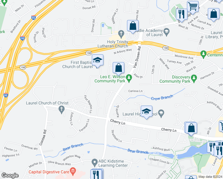 map of restaurants, bars, coffee shops, grocery stores, and more near 15102 Laurel Oaks Lane in Laurel
