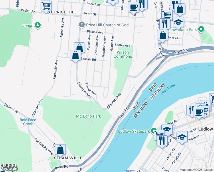 map of restaurants, bars, coffee shops, grocery stores, and more near 401 Grand Avenue in Cincinnati