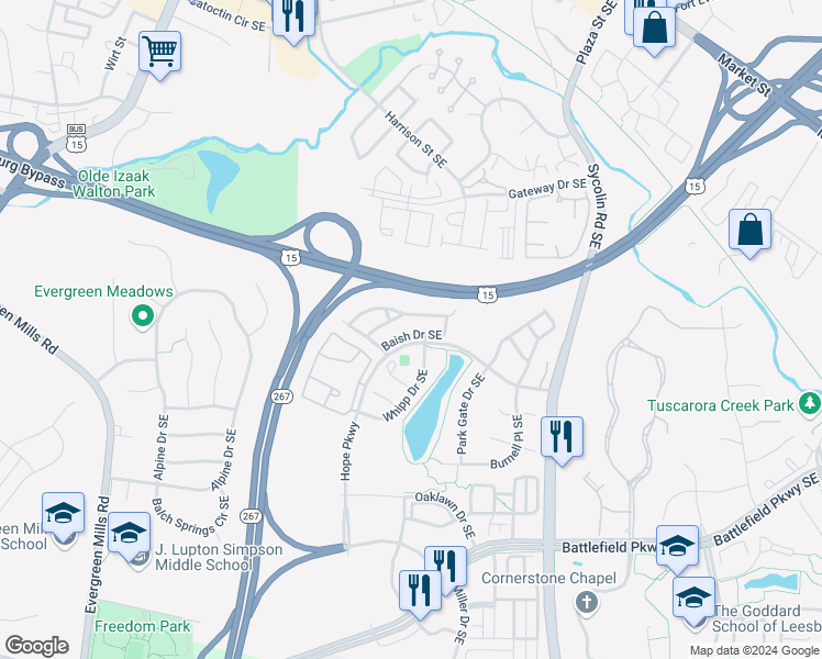 map of restaurants, bars, coffee shops, grocery stores, and more near 332 Baish Drive Southeast in Leesburg