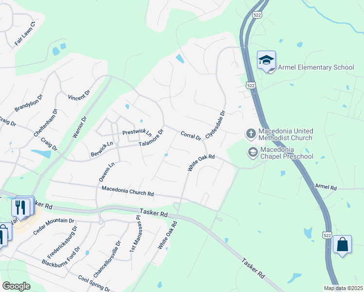 map of restaurants, bars, coffee shops, grocery stores, and more near 105 Exmoor Court in Stephens City