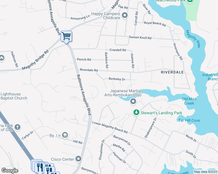map of restaurants, bars, coffee shops, grocery stores, and more near 219 Newport Drive in Severna Park