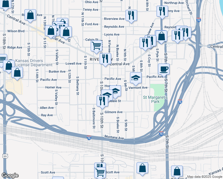 map of restaurants, bars, coffee shops, grocery stores, and more near 928 Church Avenue in Kansas City
