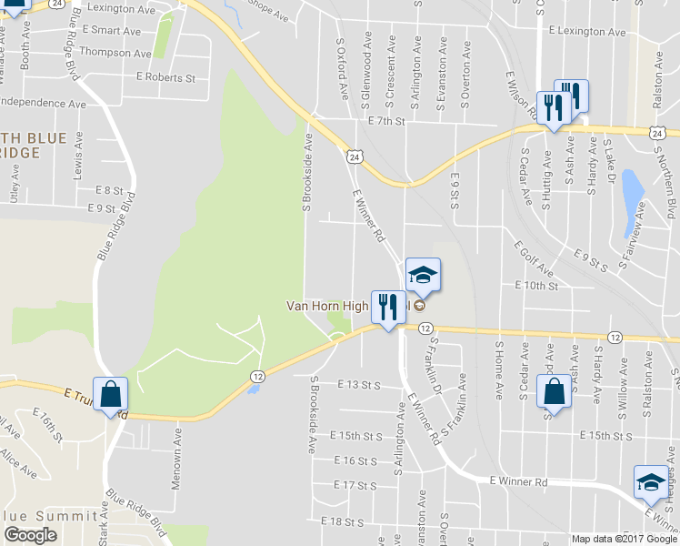 map of restaurants, bars, coffee shops, grocery stores, and more near 1018 South Glenwood Avenue in Independence