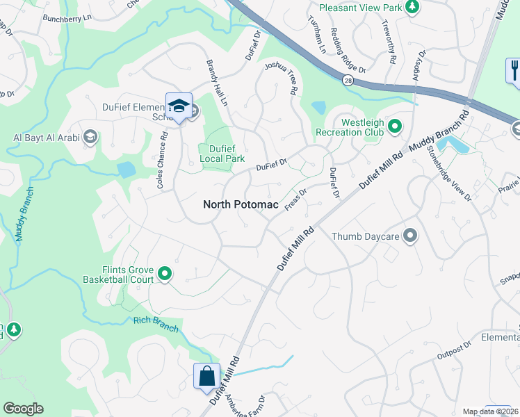 map of restaurants, bars, coffee shops, grocery stores, and more near 14709 Dunleith Street in North Potomac
