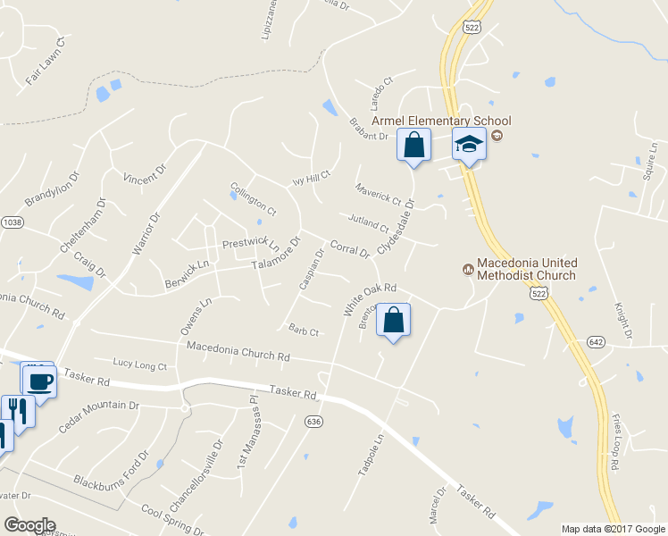 map of restaurants, bars, coffee shops, grocery stores, and more near 105 Exmoor Court in Stephens City