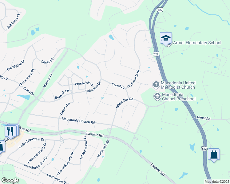 map of restaurants, bars, coffee shops, grocery stores, and more near 107 Exmoor Court in Stephens City