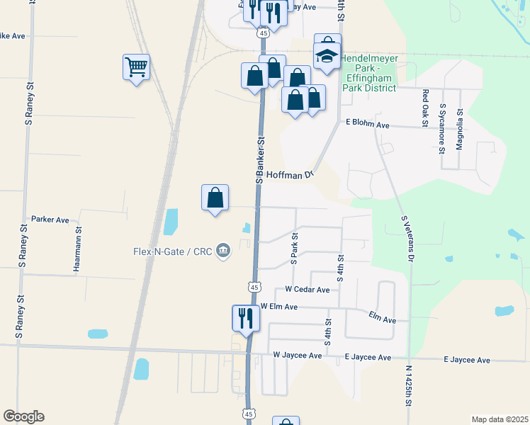 map of restaurants, bars, coffee shops, grocery stores, and more near 307 West Shadyside Drive in Effingham