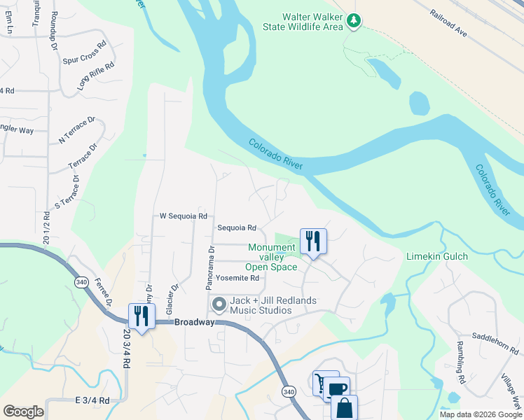 map of restaurants, bars, coffee shops, grocery stores, and more near 635 Wild Rose Way in Grand Junction