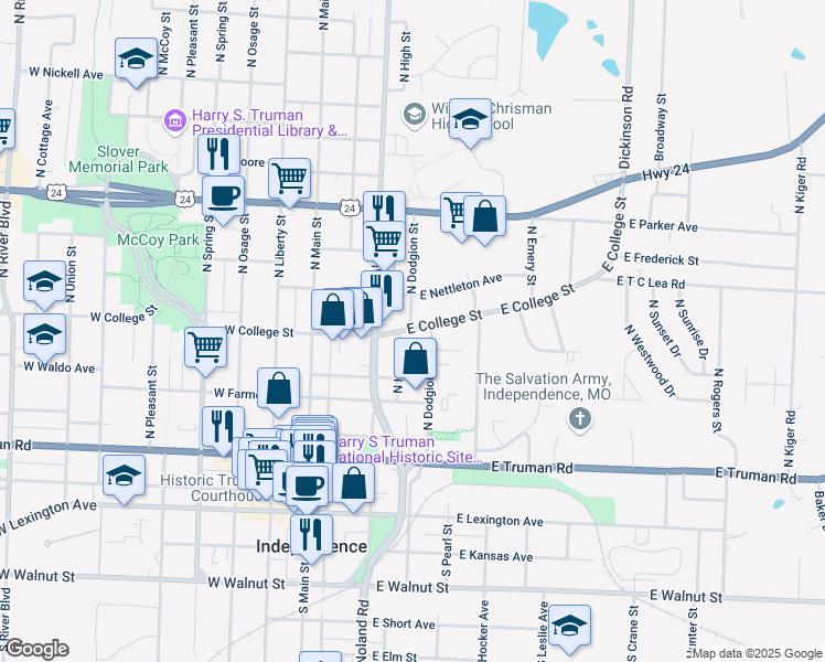 map of restaurants, bars, coffee shops, grocery stores, and more near 229 East College Street in Independence