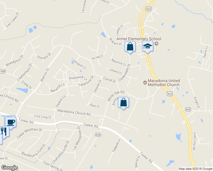 map of restaurants, bars, coffee shops, grocery stores, and more near 107 Exmoor Court in Stephens City