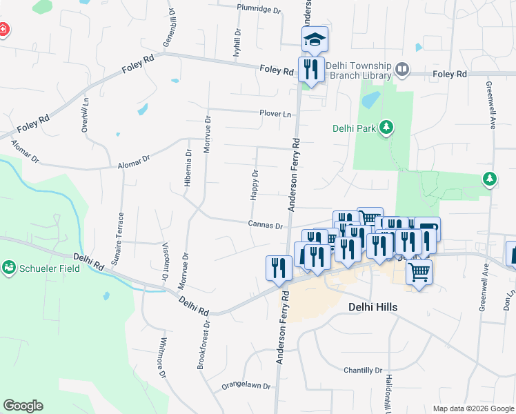 map of restaurants, bars, coffee shops, grocery stores, and more near 464 Happy Drive in Cincinnati