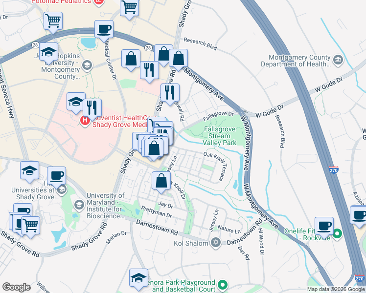 map of restaurants, bars, coffee shops, grocery stores, and more near 207 Oak Knoll Terrace in Rockville