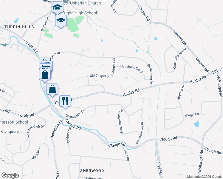 map of restaurants, bars, coffee shops, grocery stores, and more near 7074 Hunley Road in Cincinnati