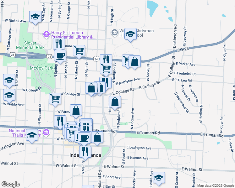 map of restaurants, bars, coffee shops, grocery stores, and more near 229 East College Street in Independence
