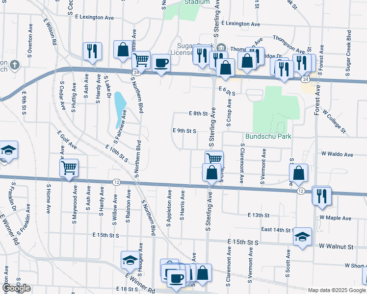 map of restaurants, bars, coffee shops, grocery stores, and more near 1000 South Harris Avenue in Independence