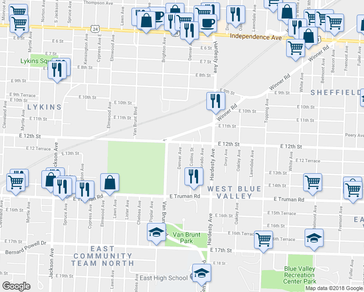 map of restaurants, bars, coffee shops, grocery stores, and more near 5119 East 12th Street in Kansas City