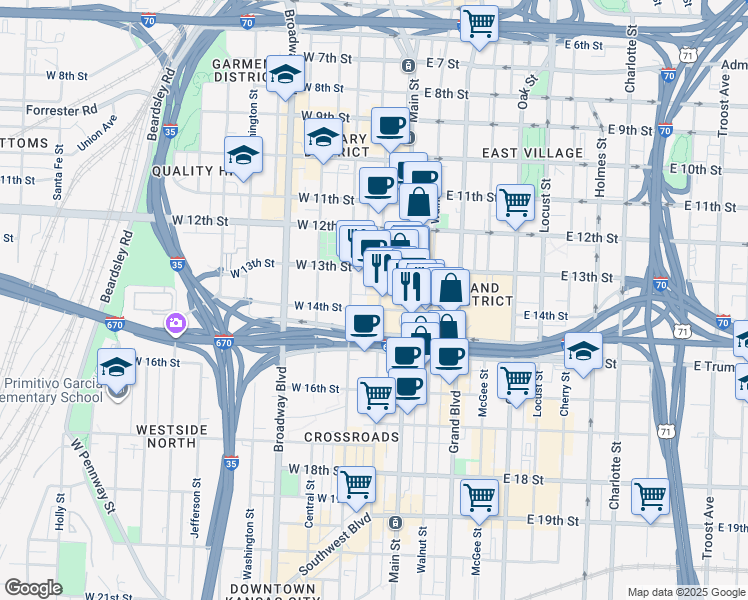 map of restaurants, bars, coffee shops, grocery stores, and more near in Kansas City