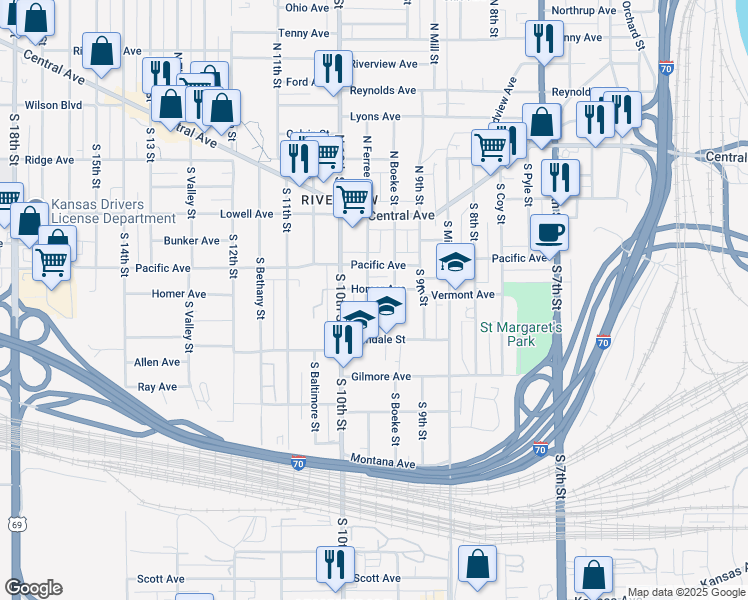 map of restaurants, bars, coffee shops, grocery stores, and more near 928 Church Avenue in Kansas City