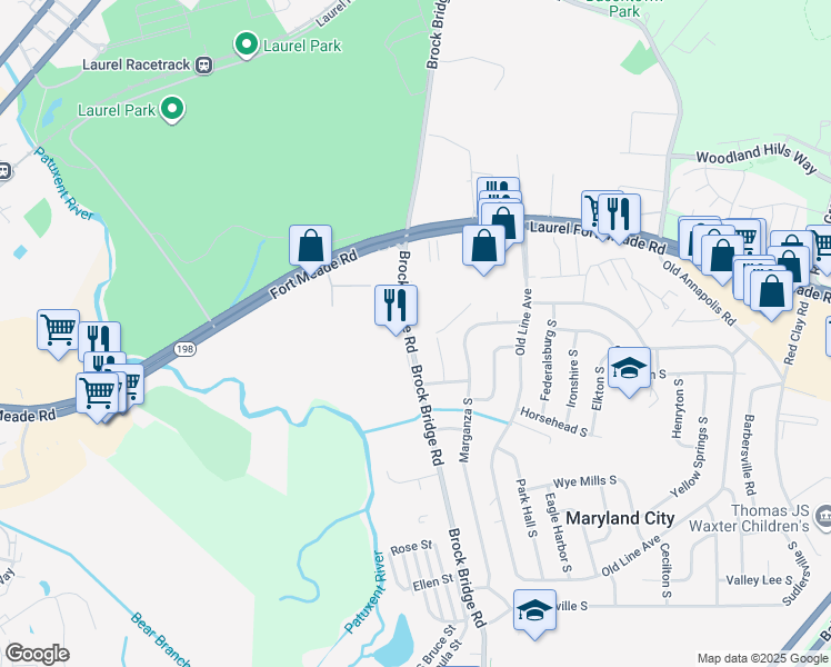 map of restaurants, bars, coffee shops, grocery stores, and more near 245 Brock Bridge Road in Laurel