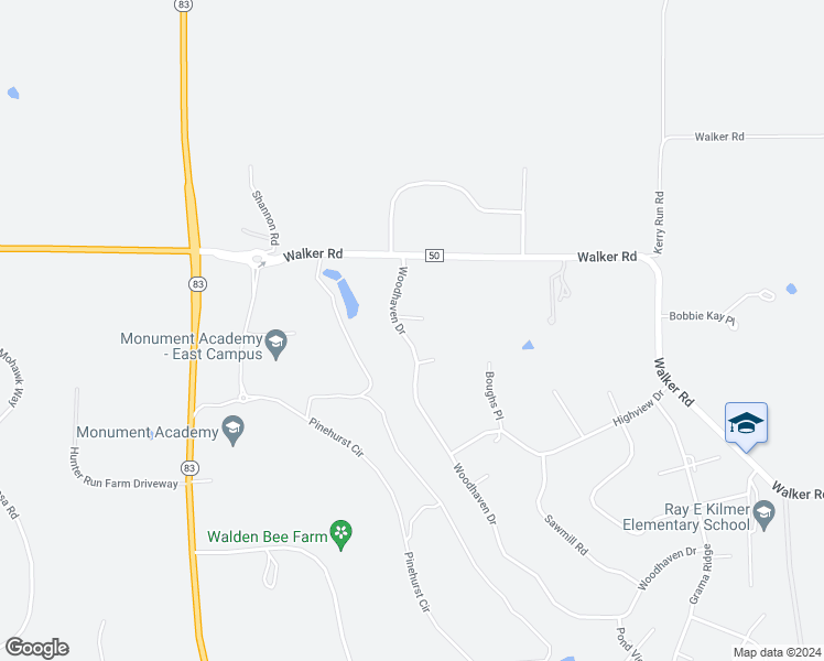 map of restaurants, bars, coffee shops, grocery stores, and more near 18365 Woodhaven Drive in Colorado Springs