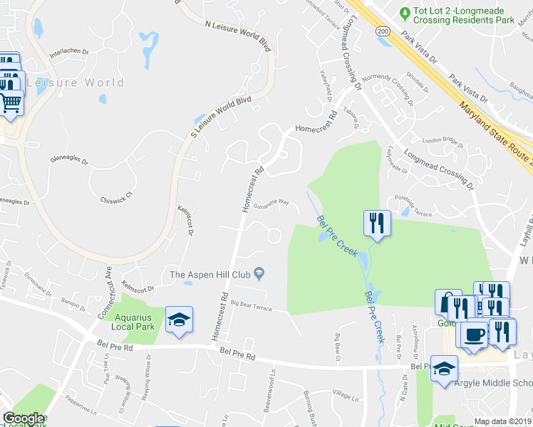 map of restaurants, bars, coffee shops, grocery stores, and more near 2840 Gunarette Way in Silver Spring