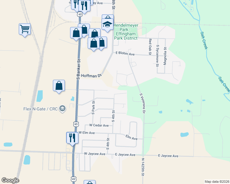 map of restaurants, bars, coffee shops, grocery stores, and more near 100 East Hawthorne Drive in Effingham