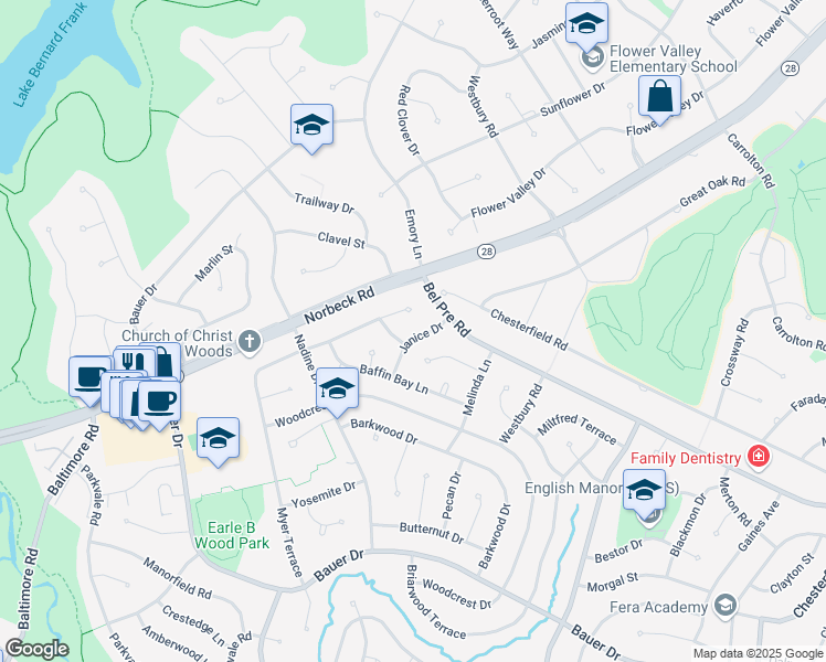 map of restaurants, bars, coffee shops, grocery stores, and more near 14720 Janice Drive in Rockville