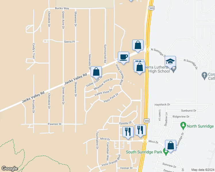 map of restaurants, bars, coffee shops, grocery stores, and more near 3570 Overlook Court in Carson City