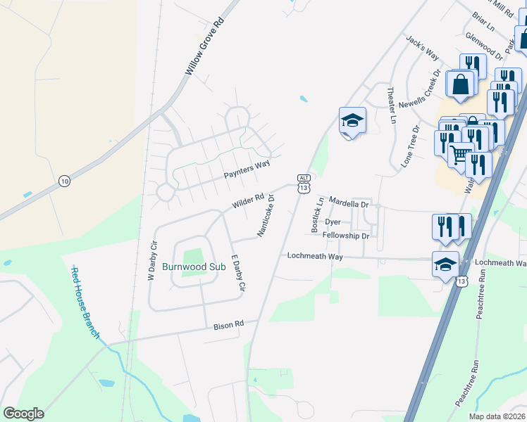 map of restaurants, bars, coffee shops, grocery stores, and more near 35 Nanticoke Drive in Dover