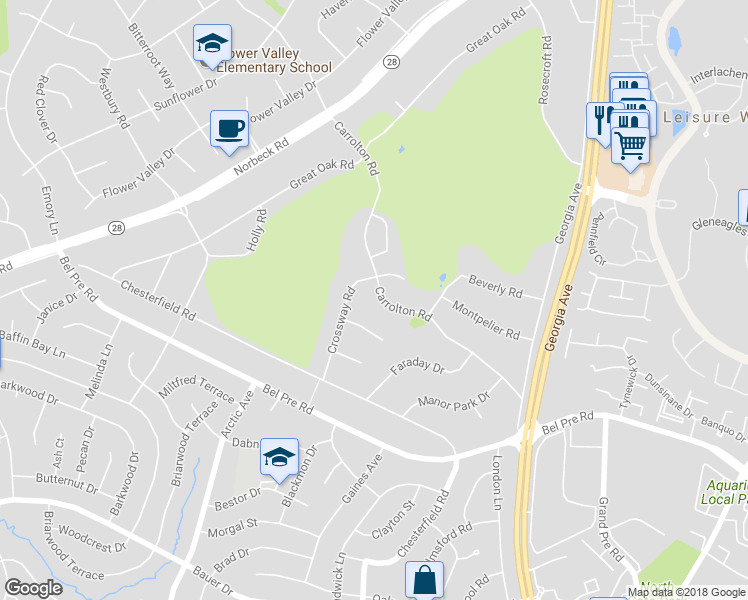 map of restaurants, bars, coffee shops, grocery stores, and more near 14714 Carrolton Rd in Rockville