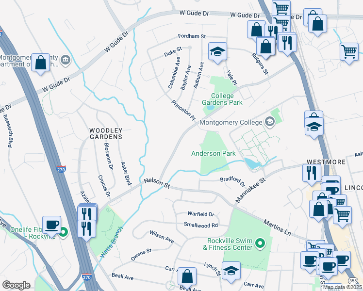 map of restaurants, bars, coffee shops, grocery stores, and more near 808 College Parkway in Rockville