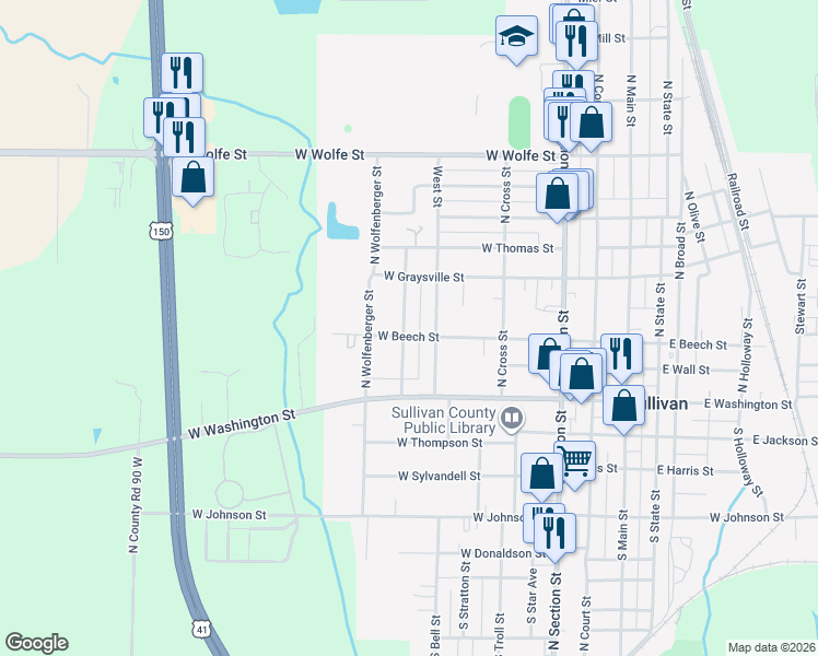 map of restaurants, bars, coffee shops, grocery stores, and more near 203 North French Street in Sullivan