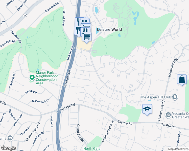 map of restaurants, bars, coffee shops, grocery stores, and more near 3680 South Leisure World Boulevard in Silver Spring