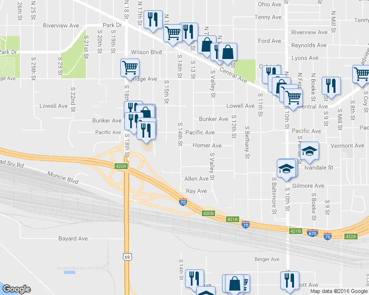 map of restaurants, bars, coffee shops, grocery stores, and more near 245 S 14 St in Kansas City