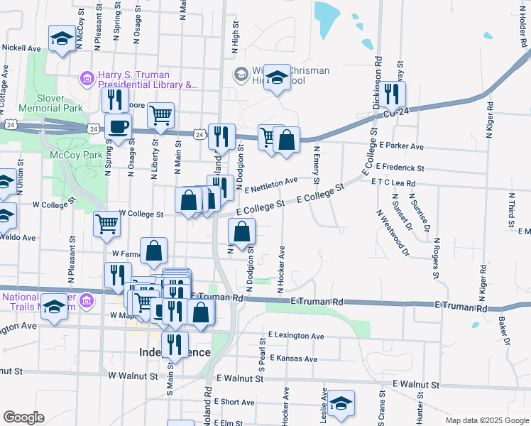 map of restaurants, bars, coffee shops, grocery stores, and more near 307 E College St in Independence