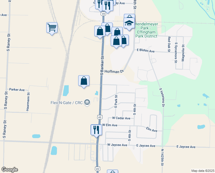 map of restaurants, bars, coffee shops, grocery stores, and more near 307 West Shadyside Drive in Effingham