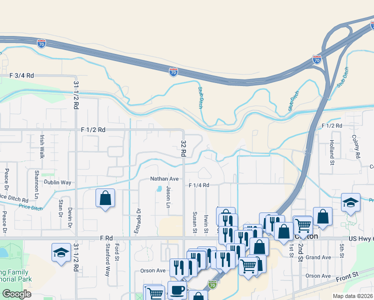 map of restaurants, bars, coffee shops, grocery stores, and more near 638 32 Rd in Clifton