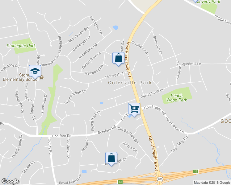 map of restaurants, bars, coffee shops, grocery stores, and more near 111 Heil Road in Silver Spring