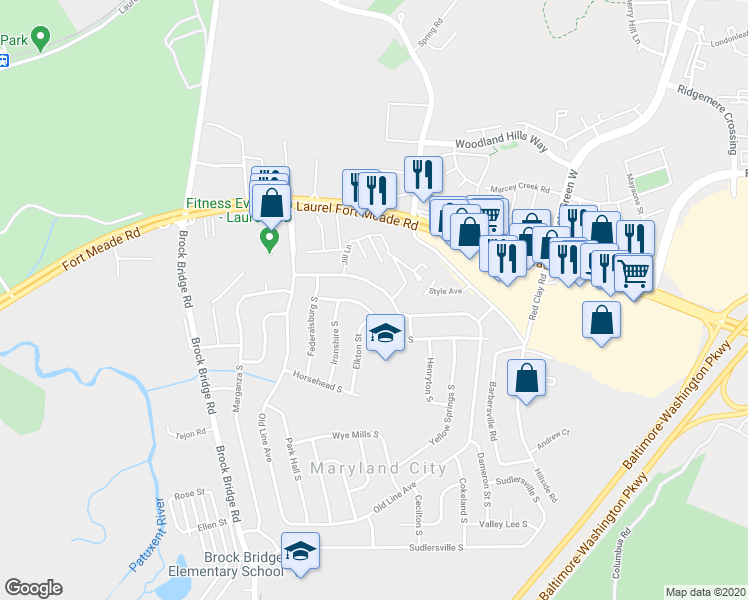 map of restaurants, bars, coffee shops, grocery stores, and more near 3372 Crumpton South in Laurel