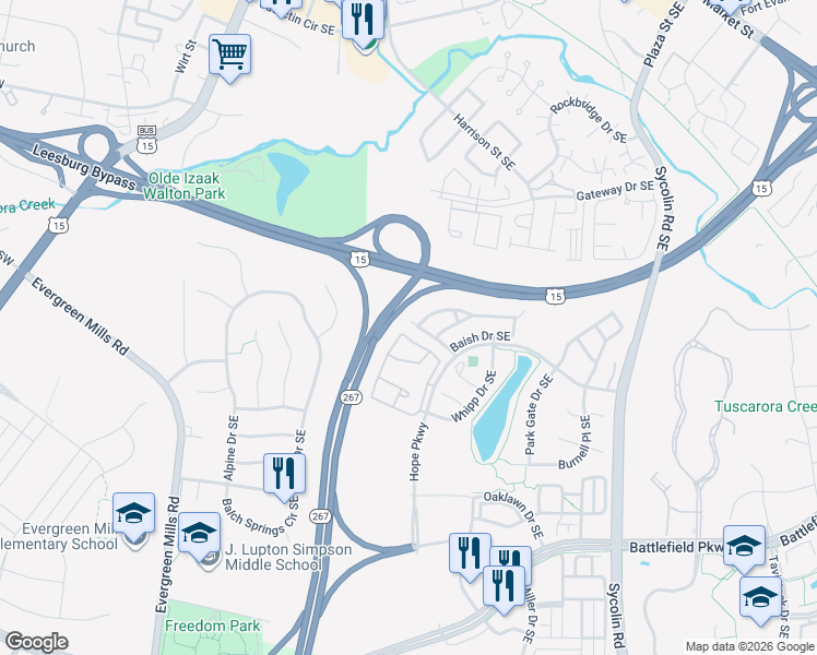 map of restaurants, bars, coffee shops, grocery stores, and more near 429 Baish Drive Southeast in Leesburg