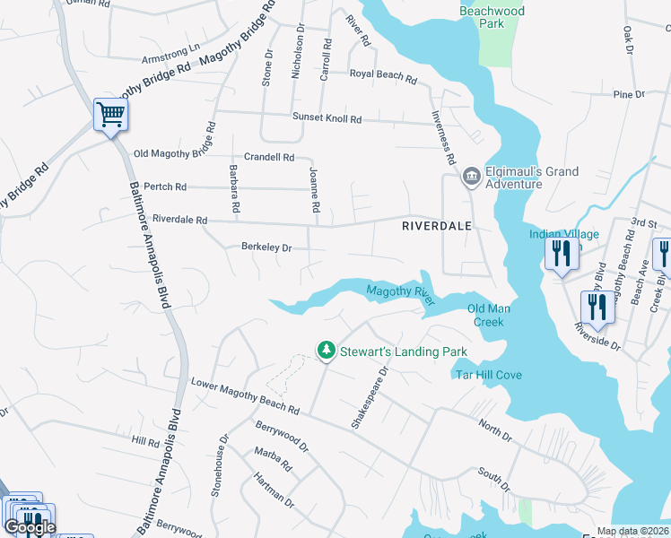 map of restaurants, bars, coffee shops, grocery stores, and more near 367 Valley Stream Road in Severna Park