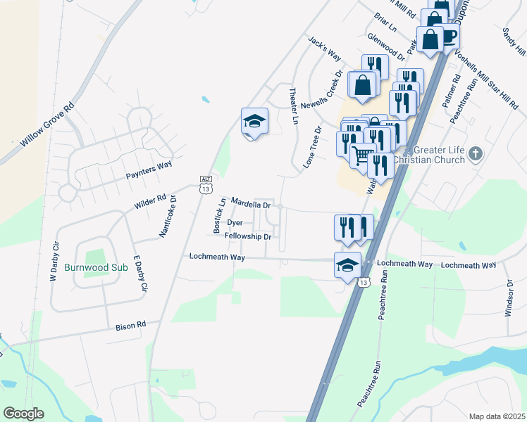 map of restaurants, bars, coffee shops, grocery stores, and more near 79 Tyndall Trail in Camden