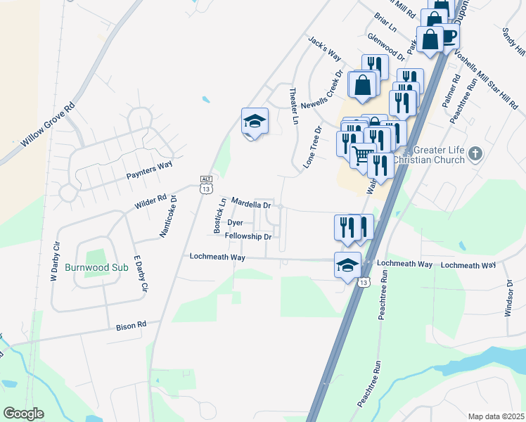 map of restaurants, bars, coffee shops, grocery stores, and more near 79 Tyndall Trail in Camden