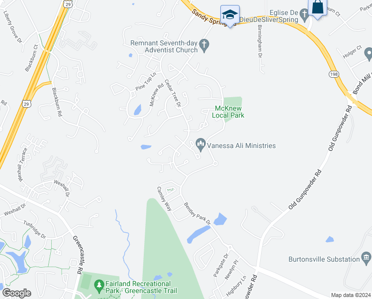 map of restaurants, bars, coffee shops, grocery stores, and more near 4313 Leatherwood Terrace in Burtonsville