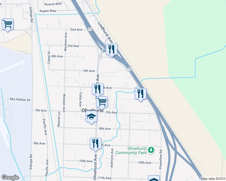 map of restaurants, bars, coffee shops, grocery stores, and more near 1810 6th Avenue in Olivehurst