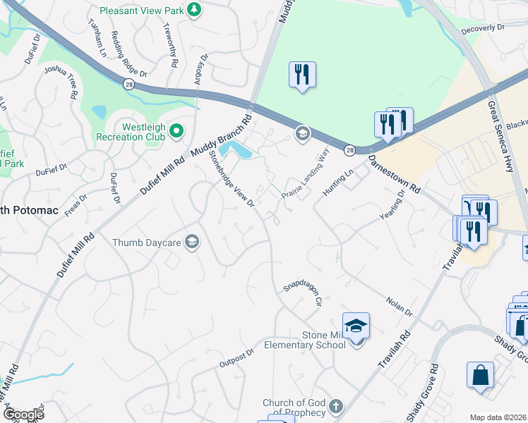 map of restaurants, bars, coffee shops, grocery stores, and more near 10625 Prairie Landing Terrace in North Potomac