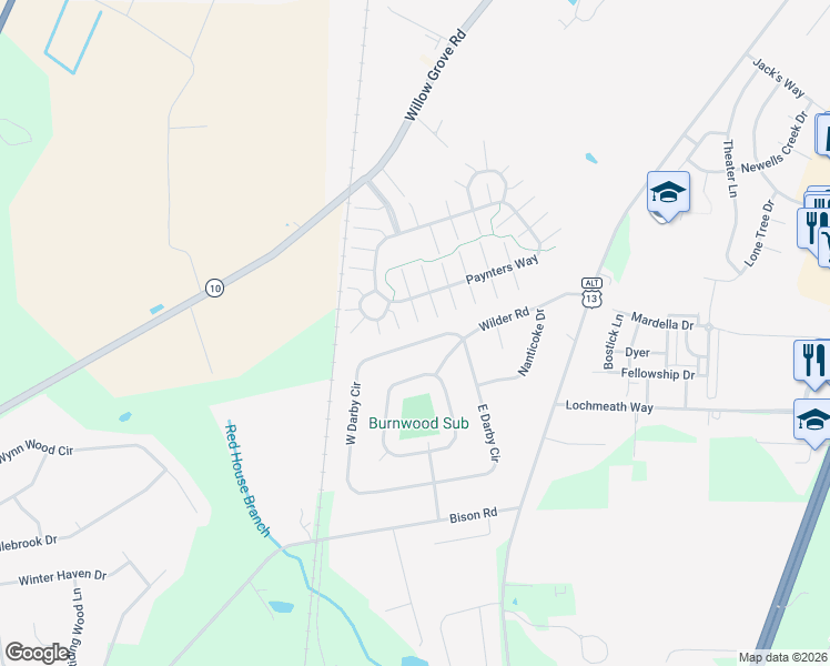 map of restaurants, bars, coffee shops, grocery stores, and more near 201 West Darby Circle in Dover