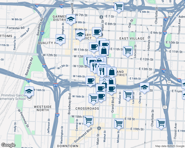 map of restaurants, bars, coffee shops, grocery stores, and more near 1320 Baltimore Avenue in Kansas City
